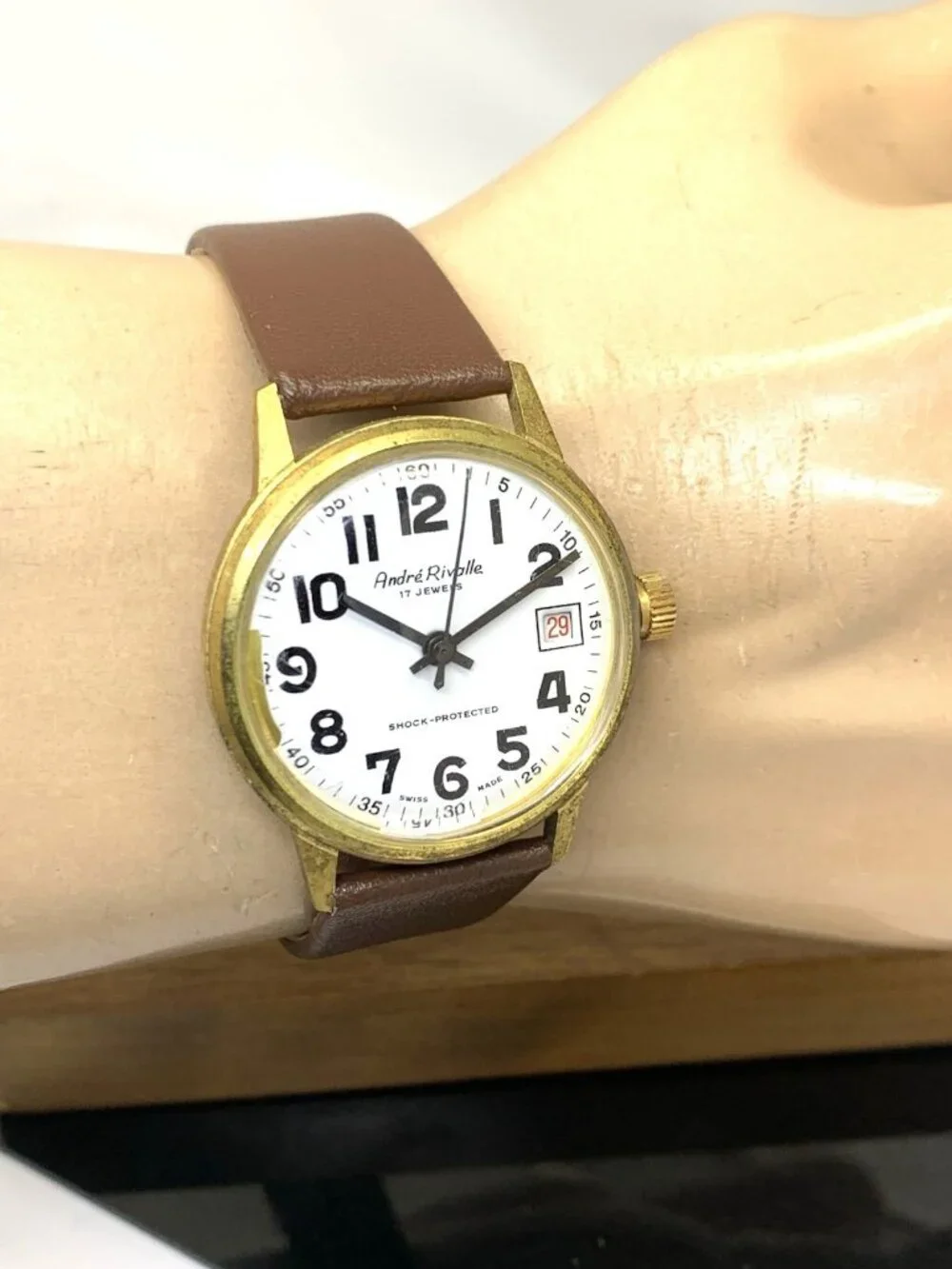 Andre Rivalle Men's Watch 8800 Vintage Swiss Hand Wind Brown Leather Strap
